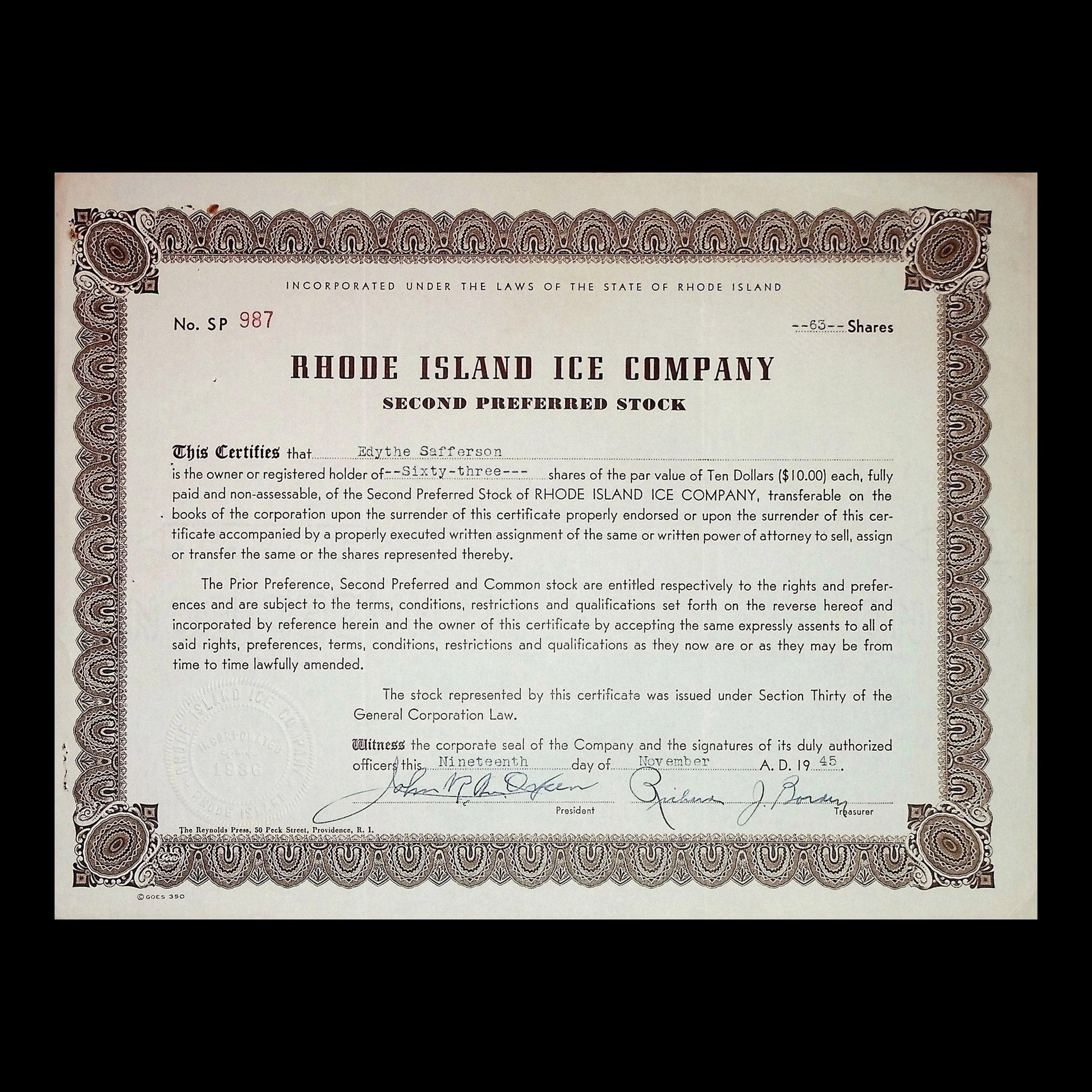 Rhode Island Ice Company Stock Certificate from 1945