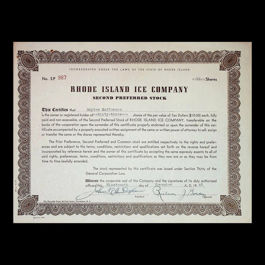 Rhode Island Ice Company Stock Certificate from 1945