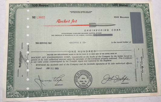 green stock certificate from Rocket Jet Engineering Corp, issued in 1963