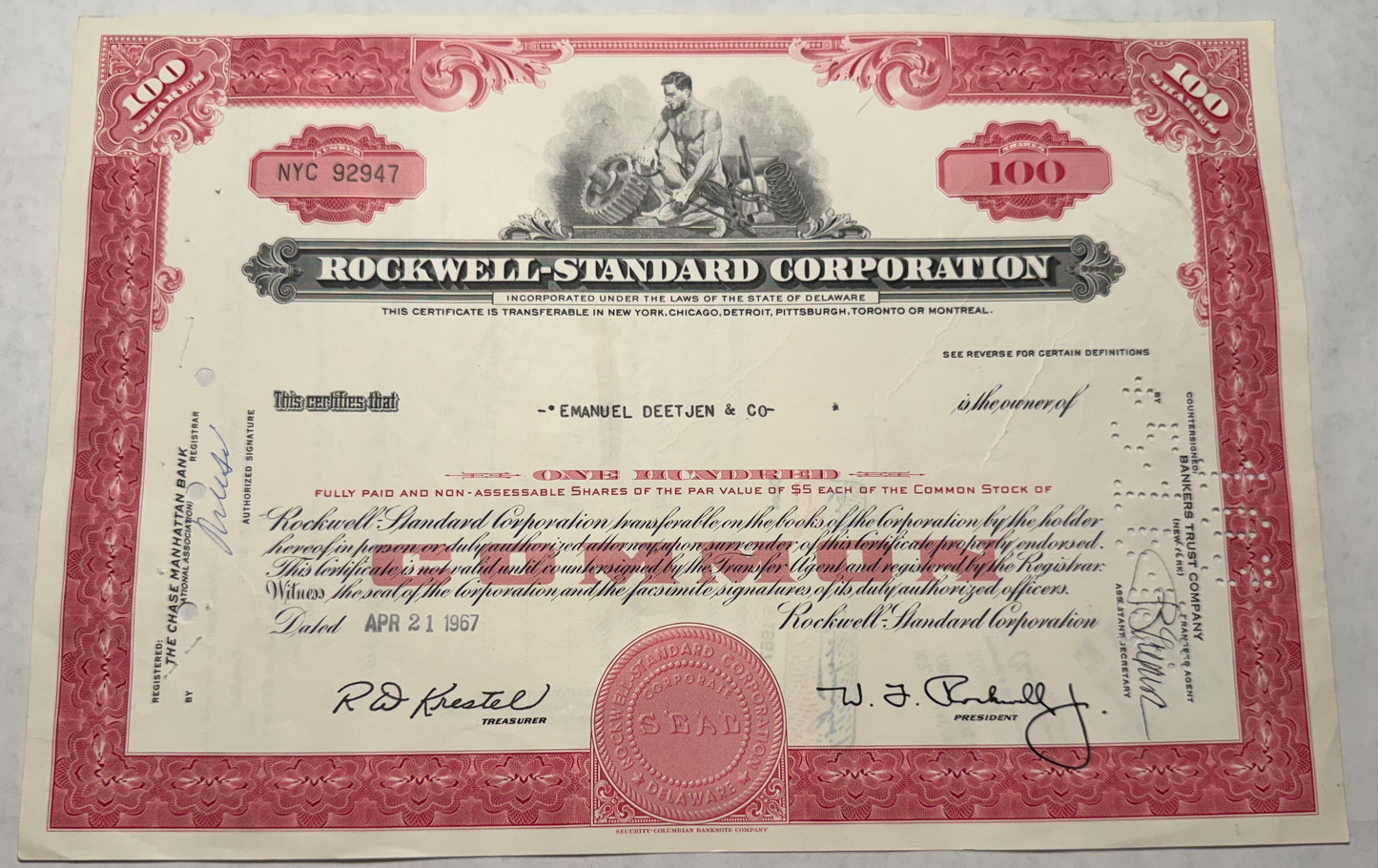 Rockwell-Standard (now Boeing) Corporation Stock Certificate