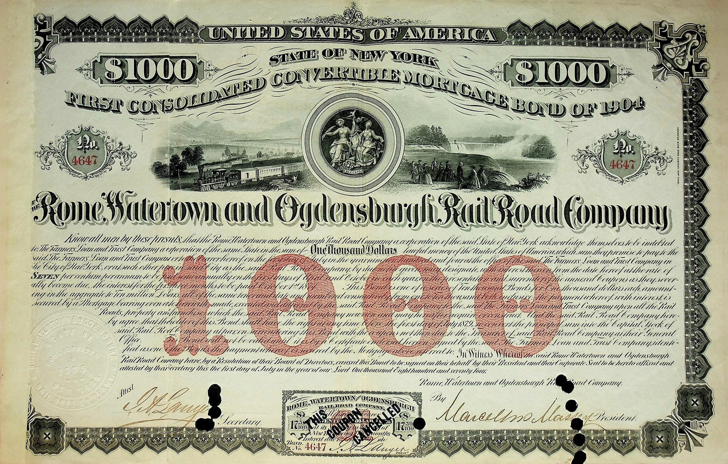 Rome, Watertown and Ogdensburg Railroad Bond Certificate (Niagara Falls, NY)