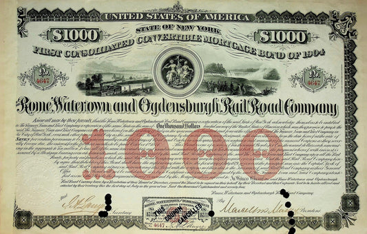 Rome, Watertown and Ogdensburg Railroad Bond Certificate (Niagara Falls, NY)