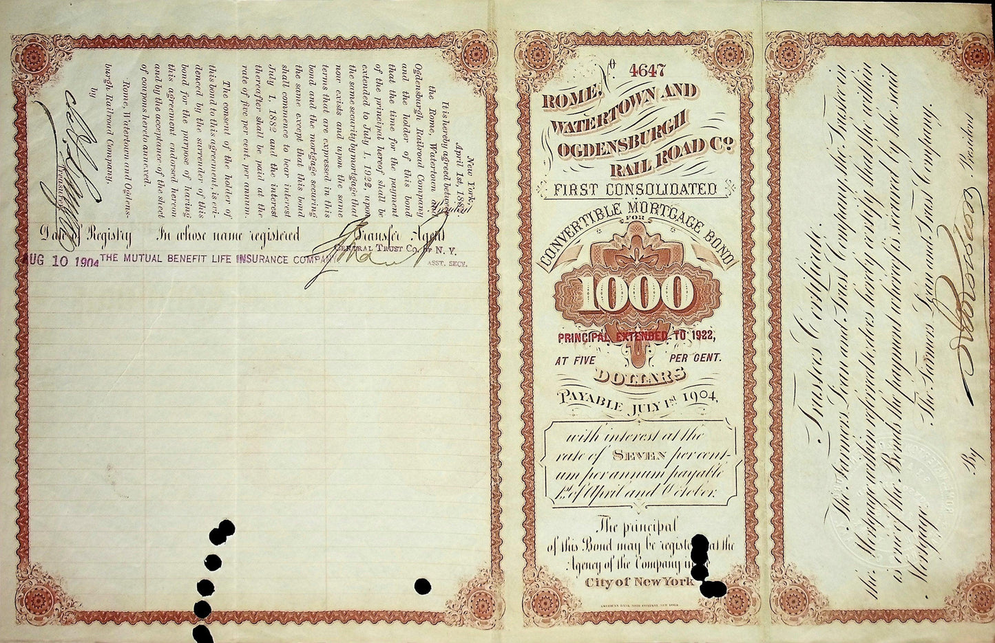 Rome, Watertown and Ogdensburg Railroad Bond Certificate (Niagara Falls, NY)