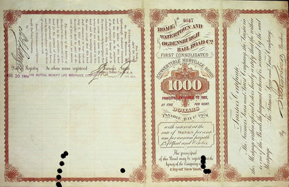 Rome, Watertown and Ogdensburg Railroad Bond Certificate (Niagara Falls, NY)