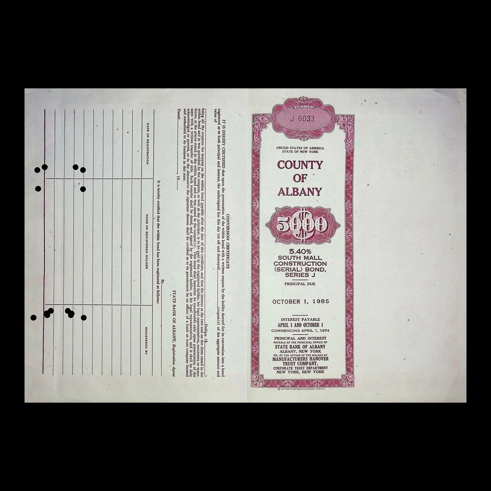 County of Albany Bond from 1965