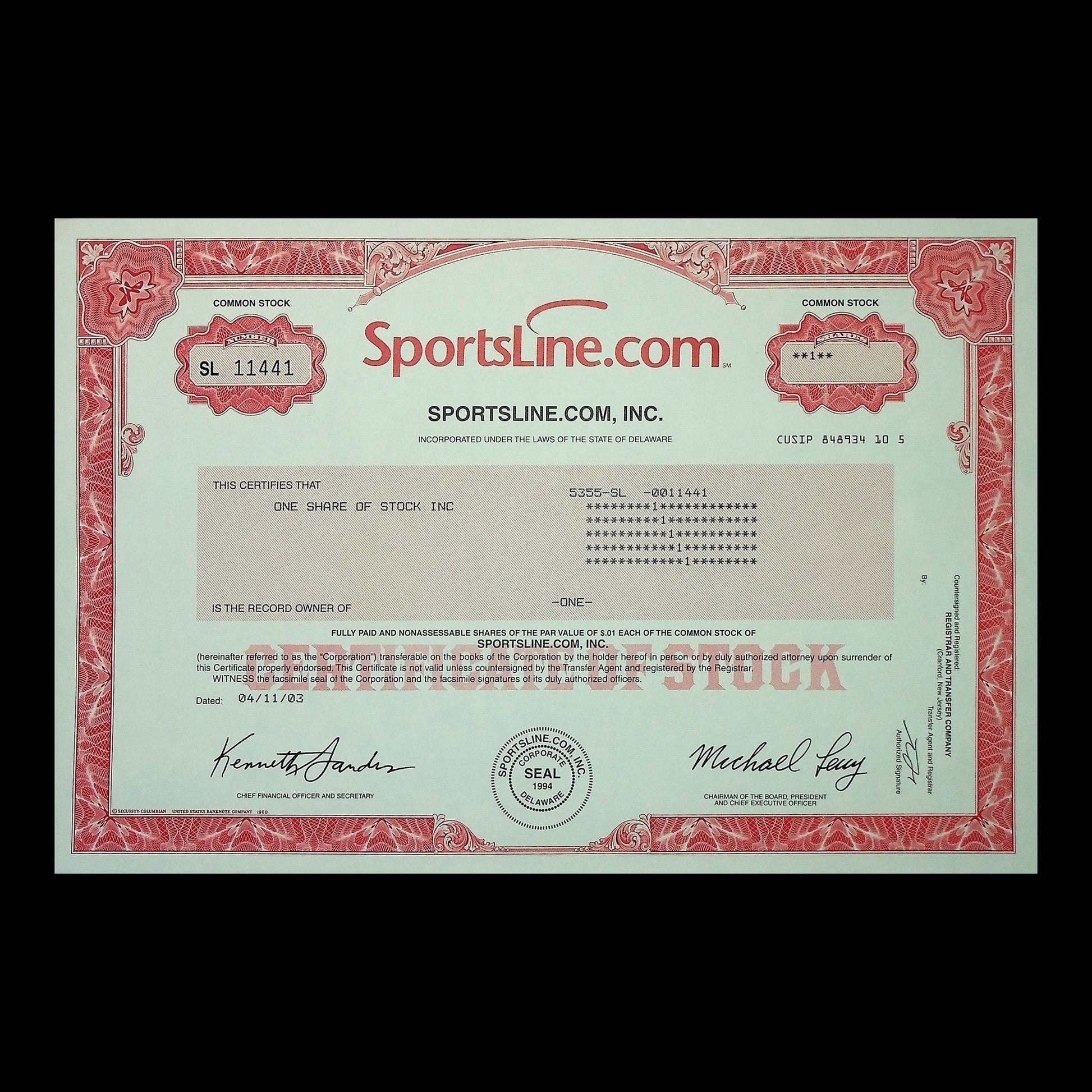 Sportsline.com Inc. Stock Certificate from 1990s