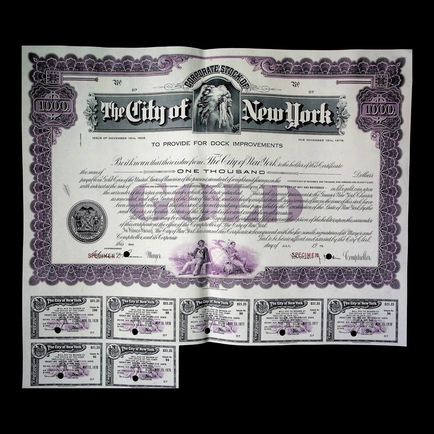 The City of New York Dock Improvement Bond from 1929