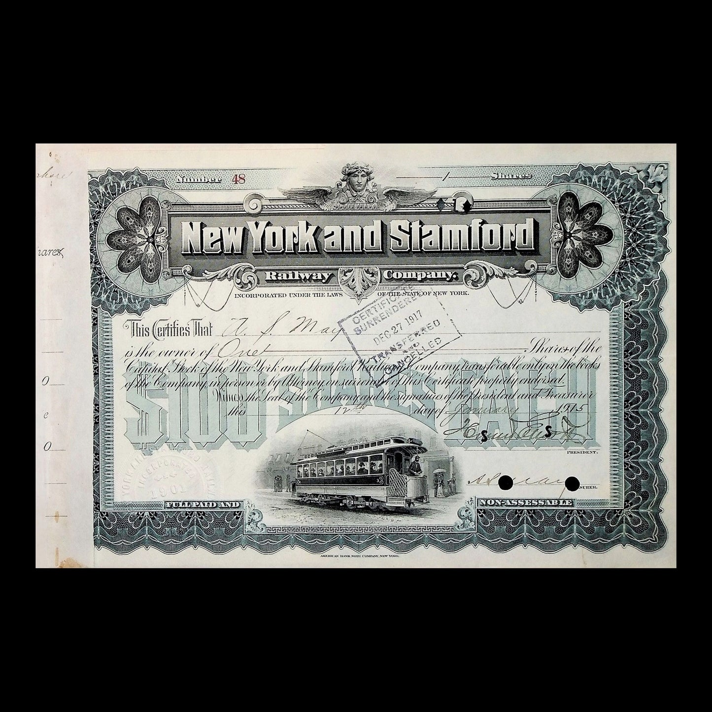 New York and Stamford Railway Company Stock Certificate