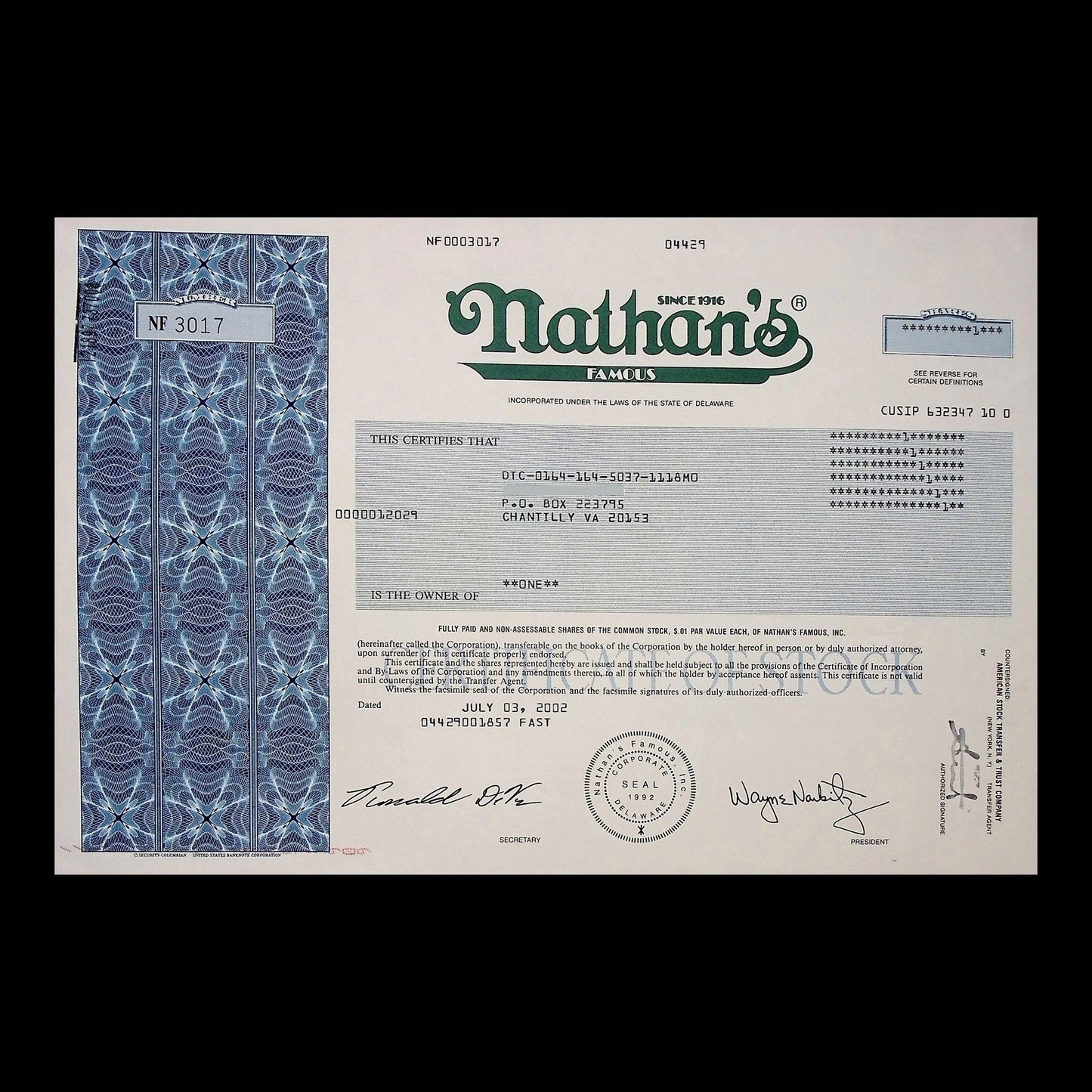 Nathan's Famous Inc. Stock Certificate from 2002 Coney Island