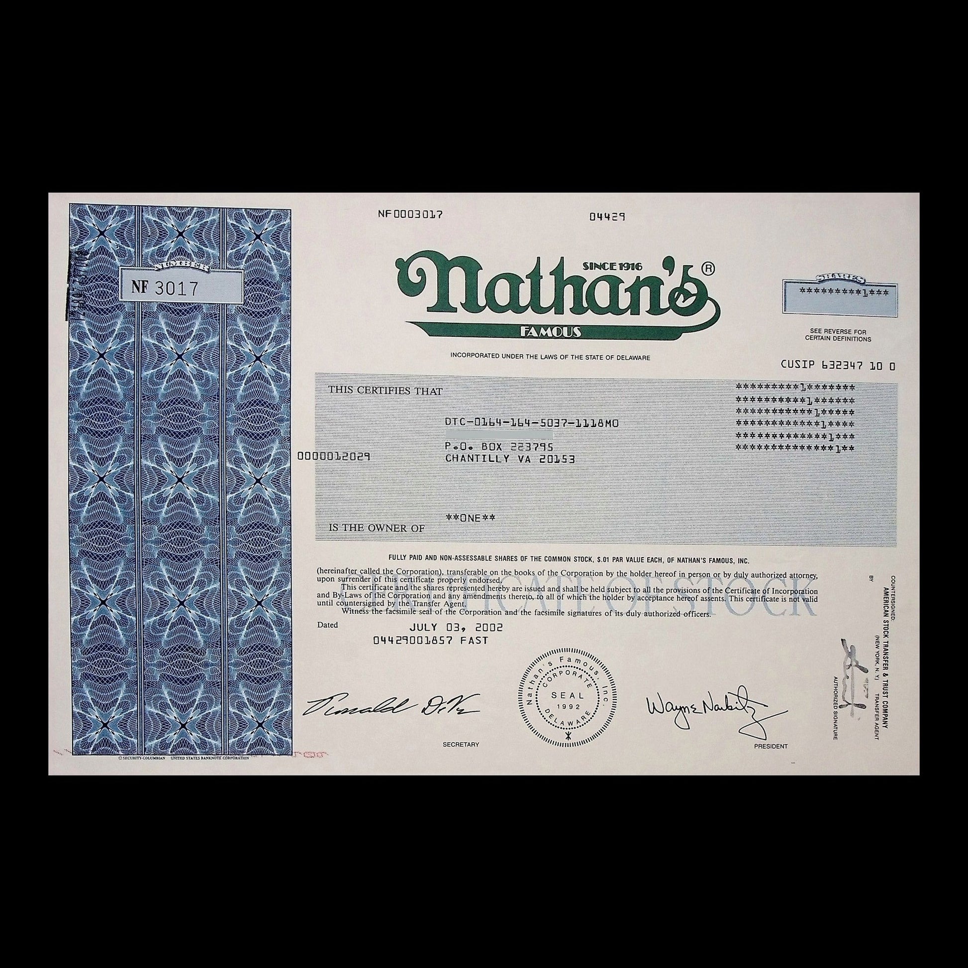 Nathan's Famous Inc. Stock Certificate from 2002 Coney Island