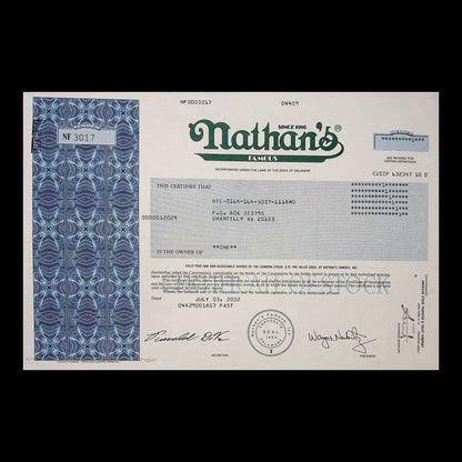 Nathan's Famous Inc. Stock Certificate from 2002 Coney Island