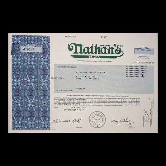 Nathan's Famous Inc. Stock Certificate from 2002 Coney Island