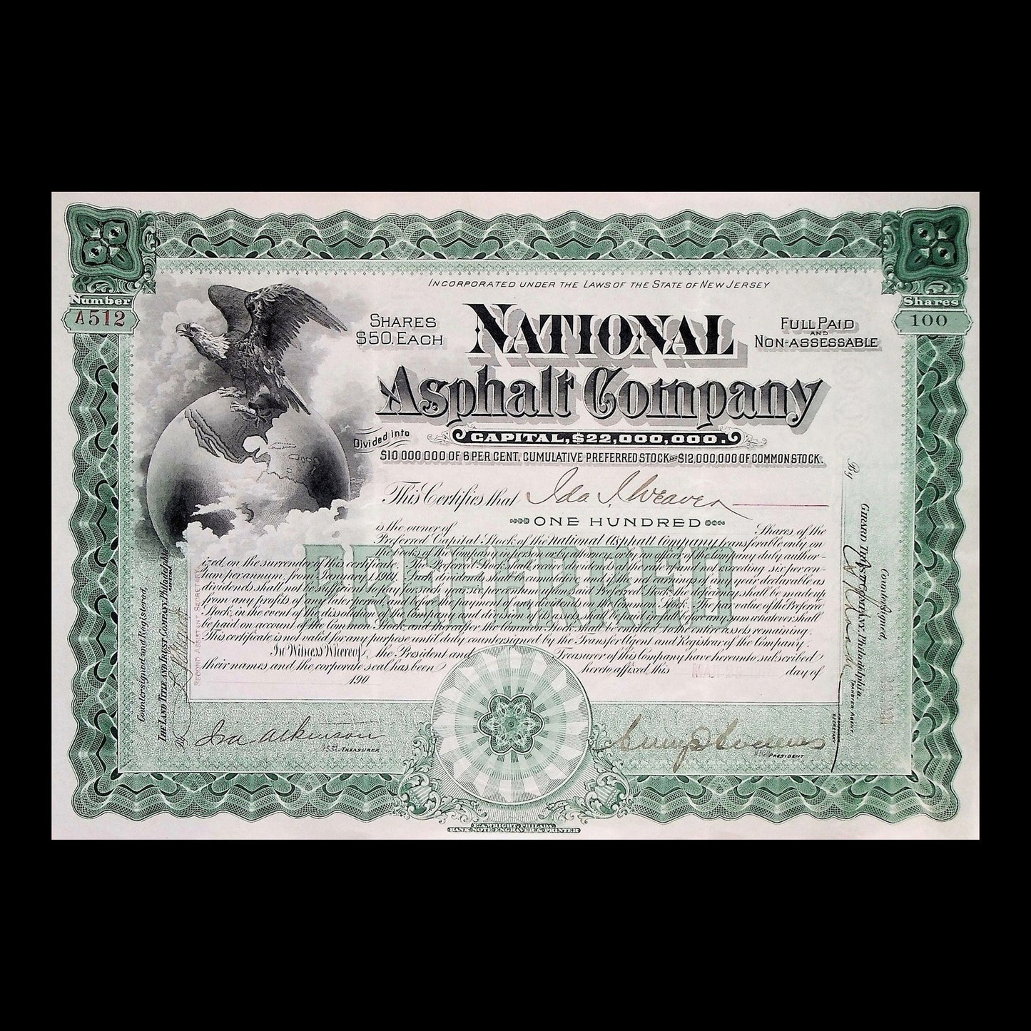 National Asphalt Company Stock Certificate