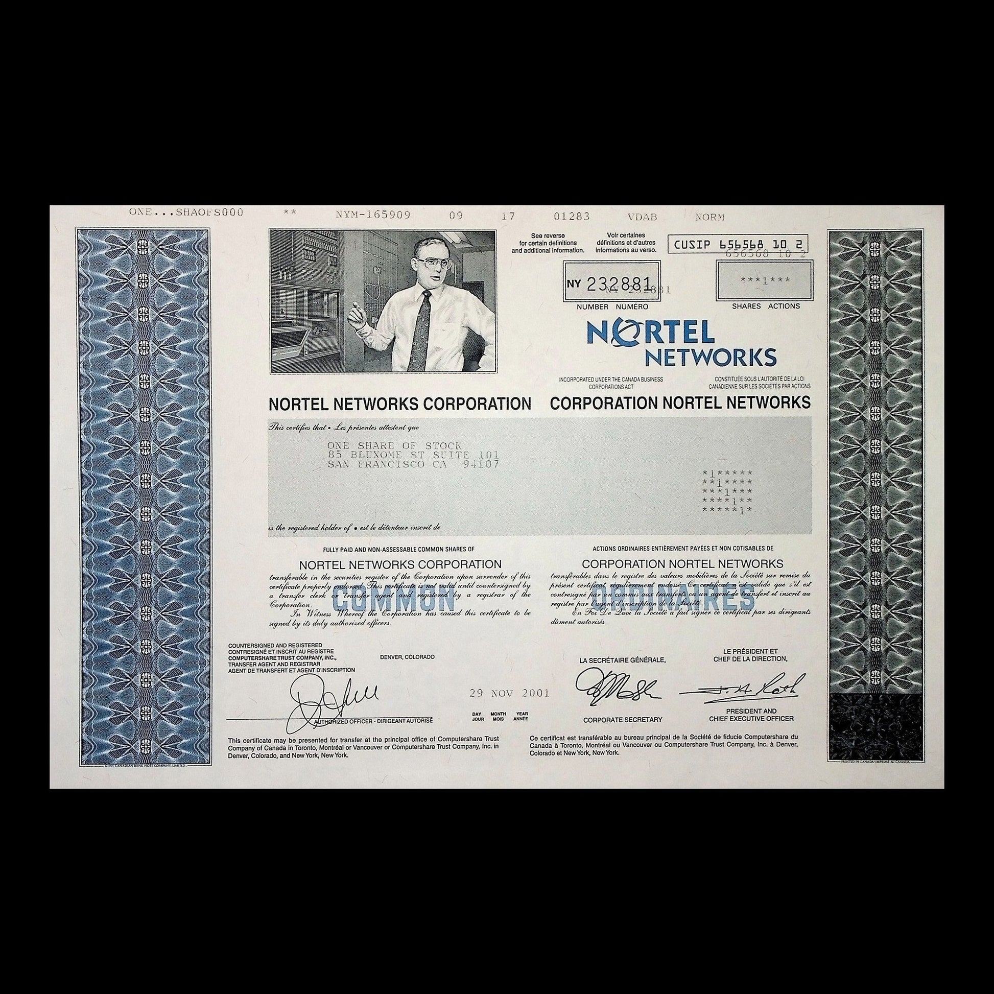 Nortel Networks Corporation Stock Certificate from 2000s