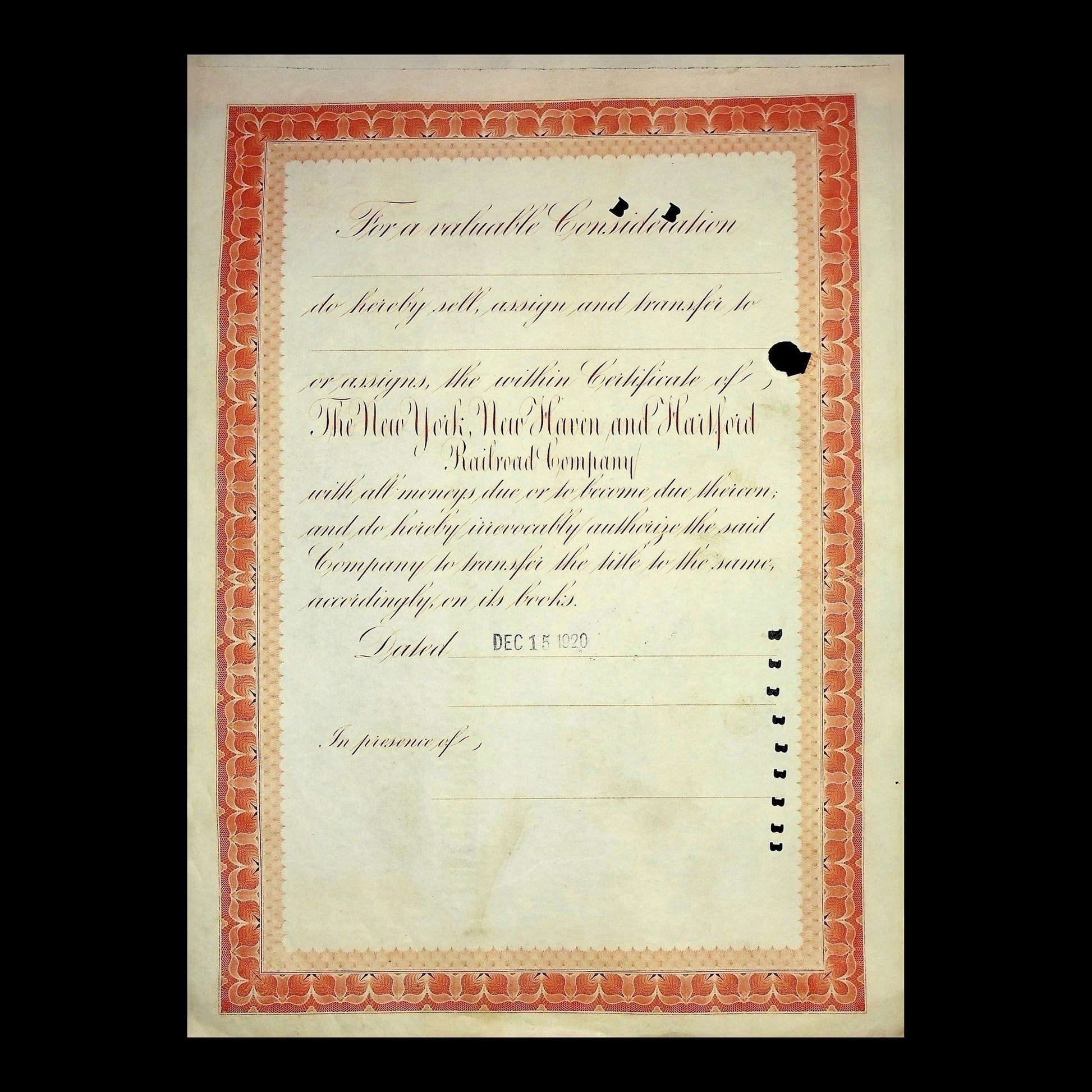 New York, New Haven and Hartford Railroad Stock Certificate