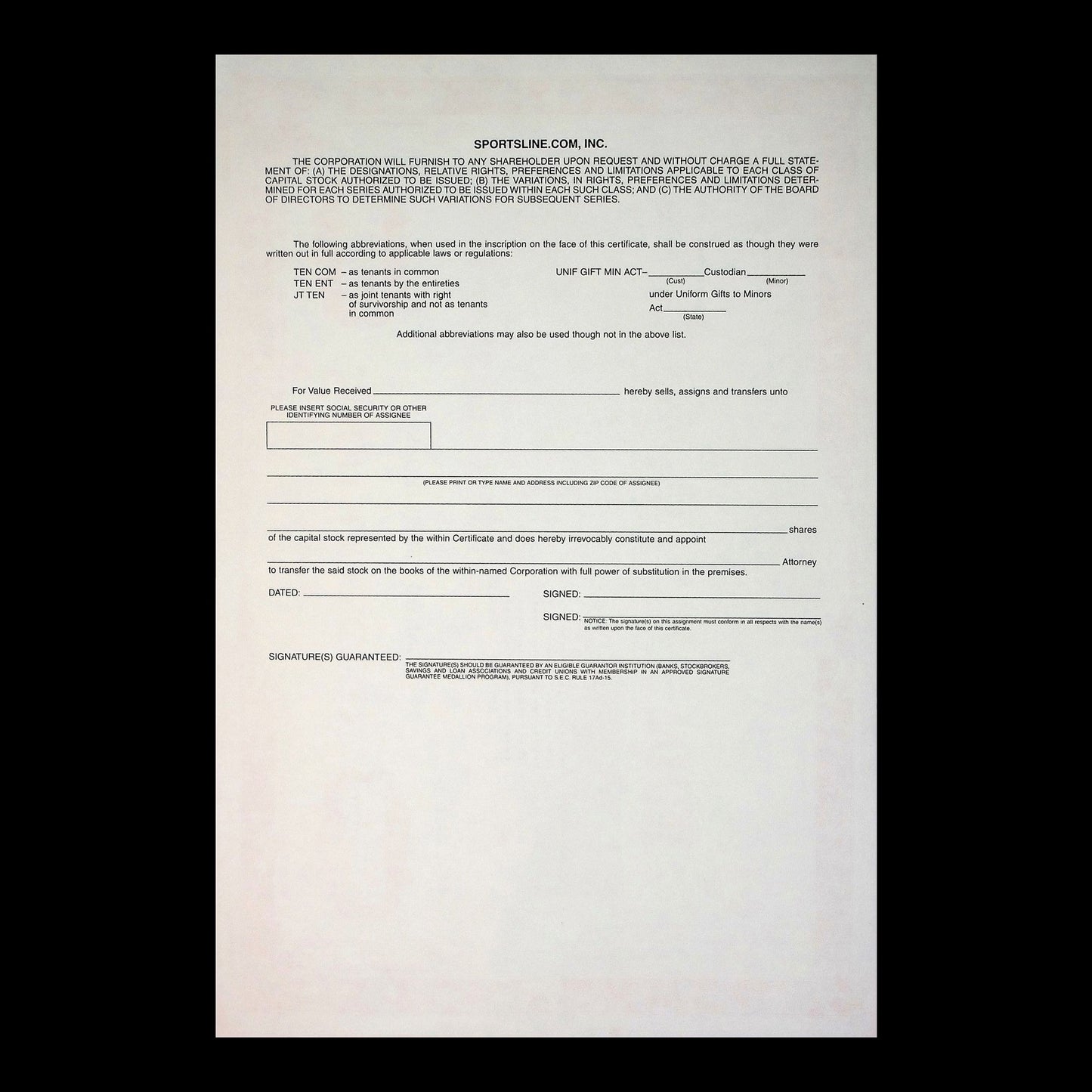 Tickets.com, Inc. Stock Certificate from 2003