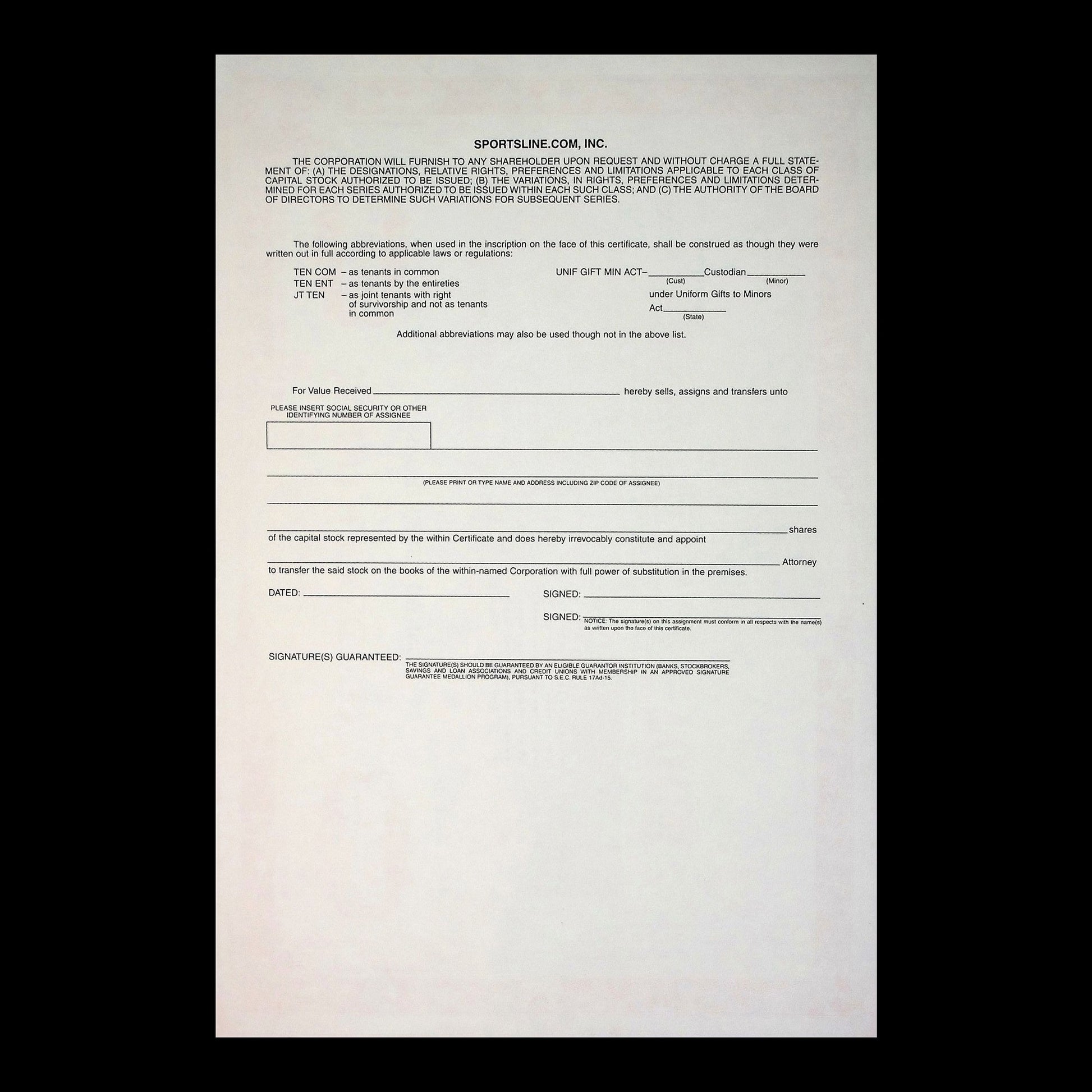 Tickets.com, Inc. Stock Certificate from 2003