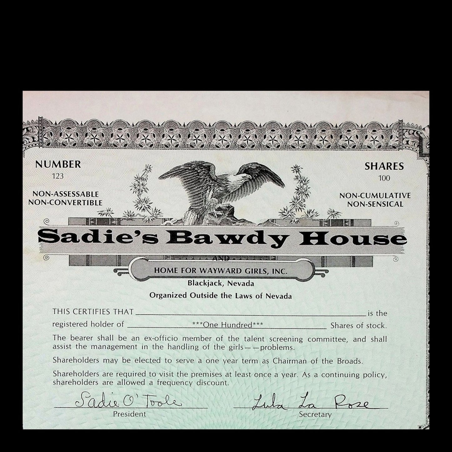 Sadie's Bawdy House Stock Certificate from 1977