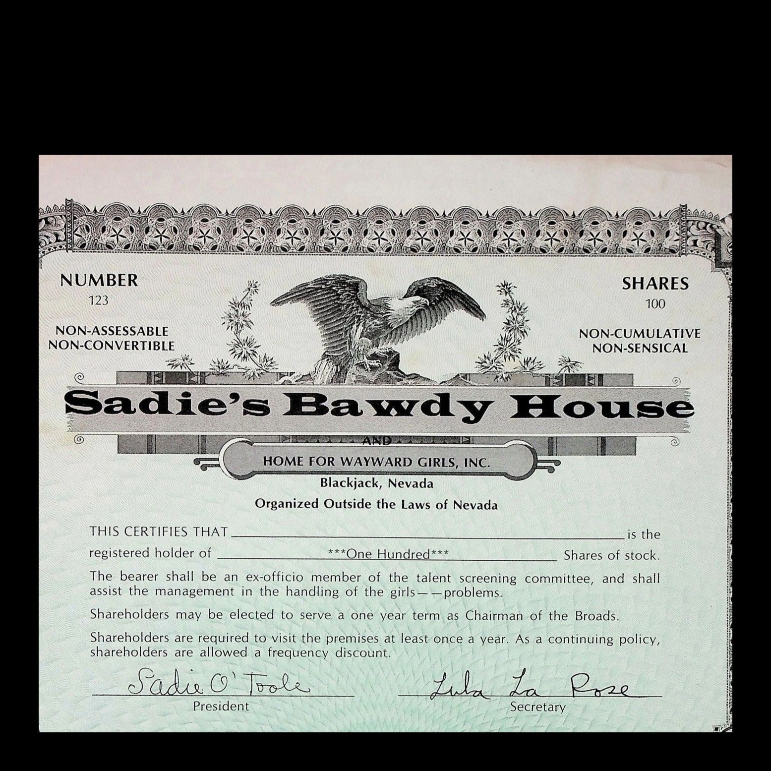 Sadie's Bawdy House Stock Certificate from 1977