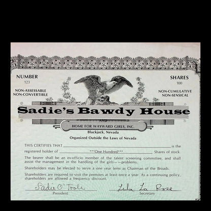 Sadie's Bawdy House Stock Certificate from 1977