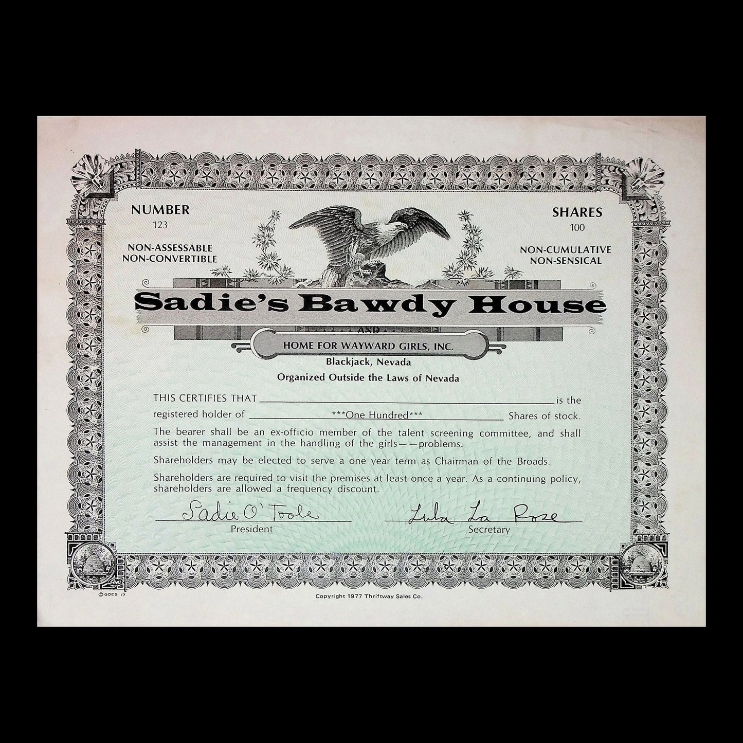 Sadie's Bawdy House Stock Certificate from 1977