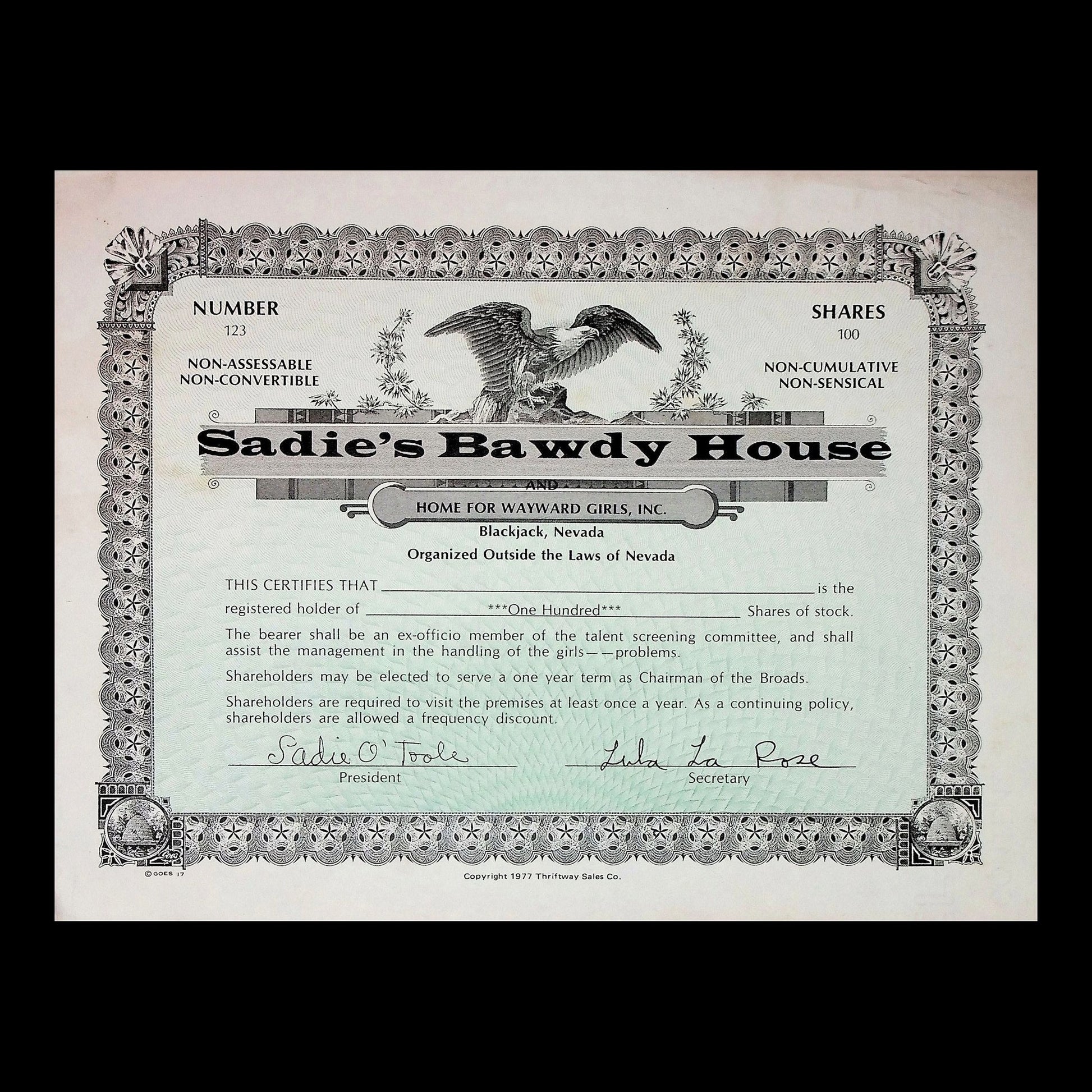 Sadie's Bawdy House Stock Certificate from 1977