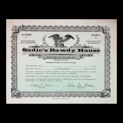 Sadie's Bawdy House Stock Certificate from 1977