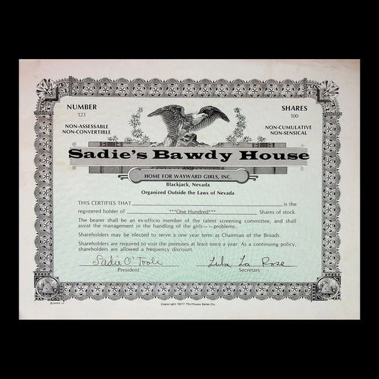Sadie's Bawdy House Stock Certificate from 1977