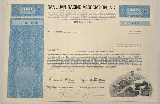 Blue San Juan Racing Association, Inc Stock Certificate, vignette of a jocket on a horse. issued 1974.