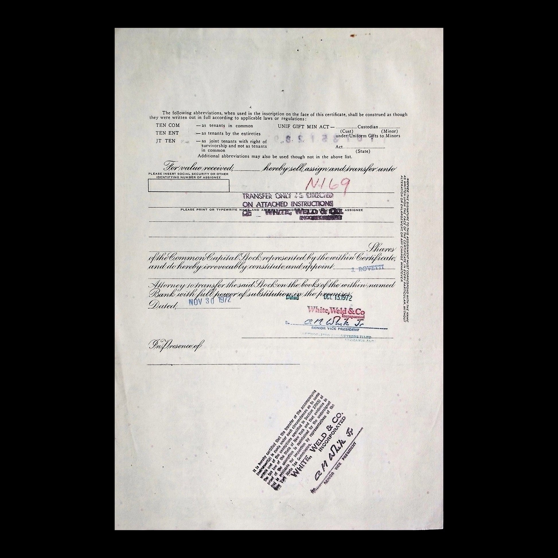 Second New Haven Bank Stock Certificate from 1972