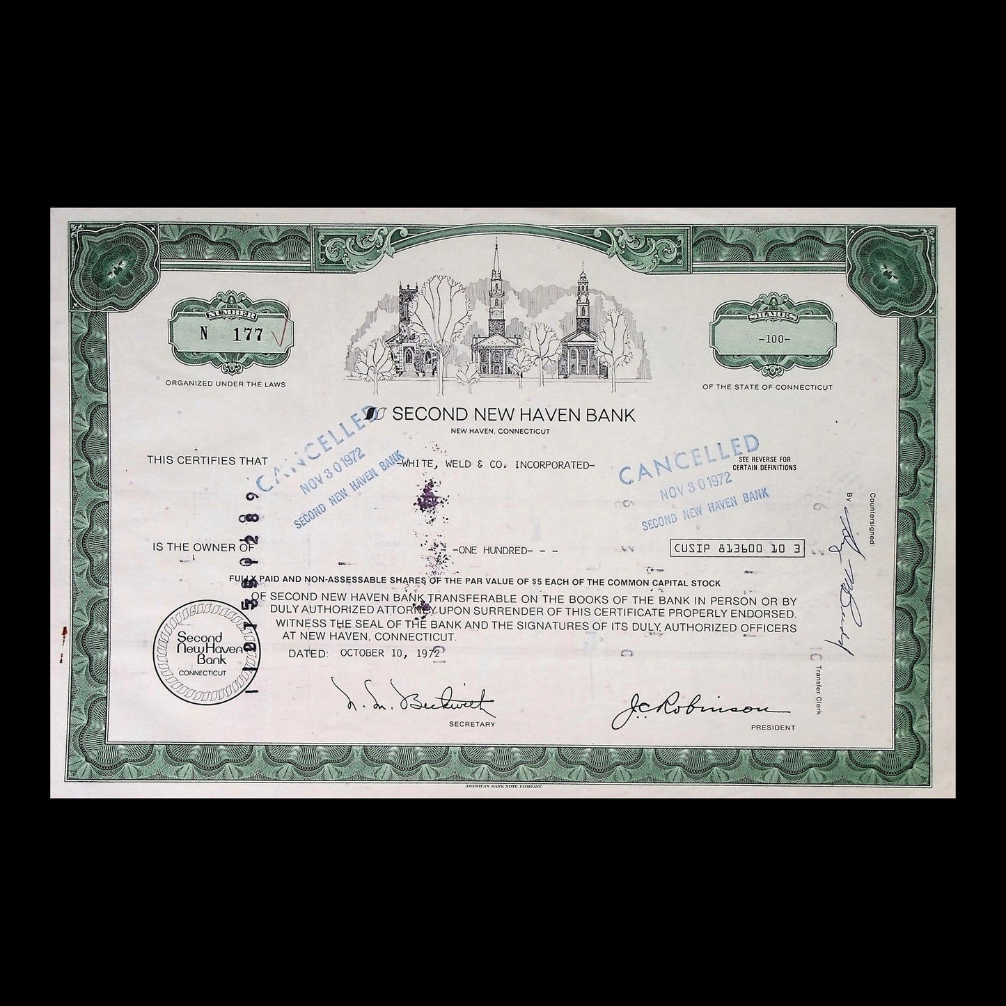 Second New Haven Bank Stock Certificate from 1972