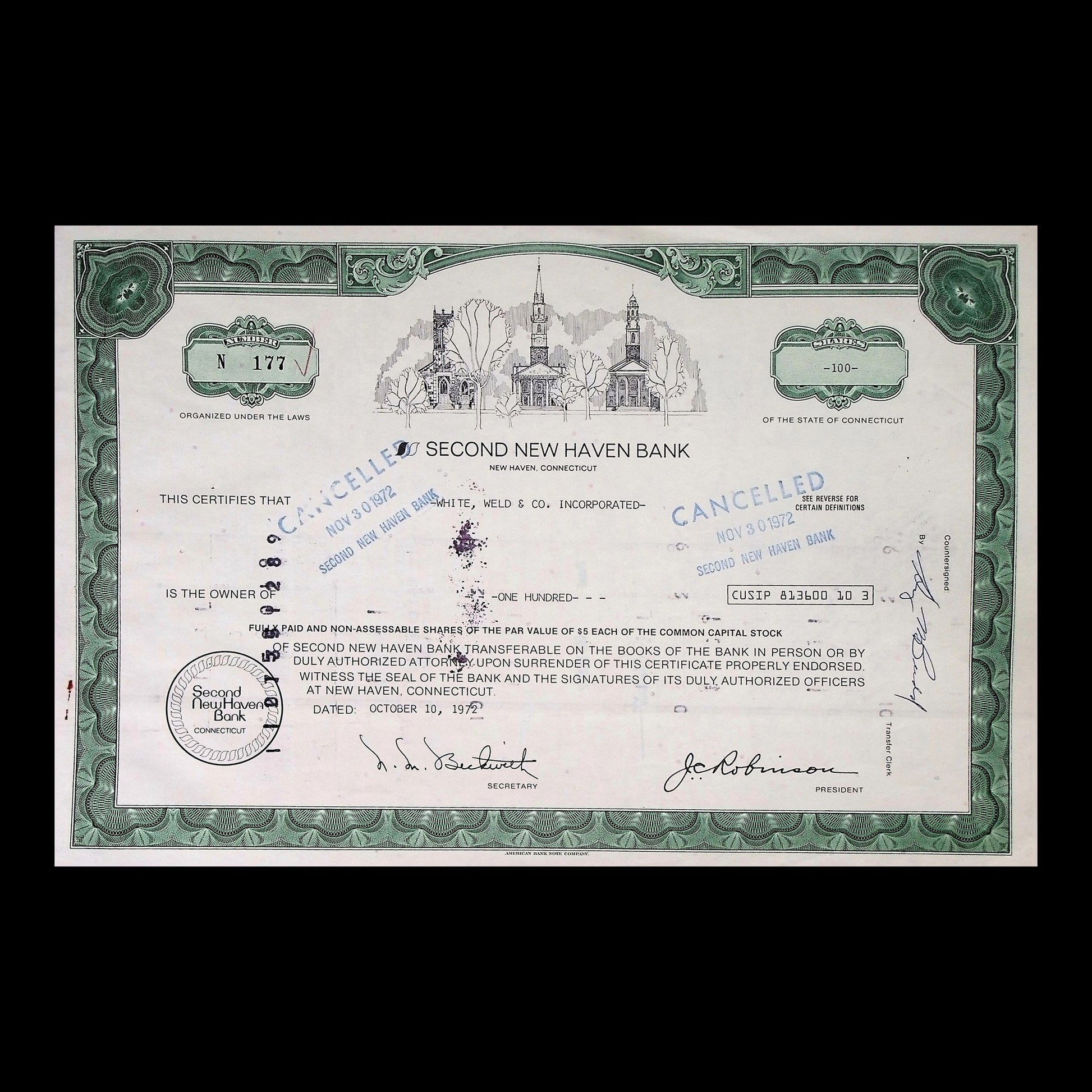Second New Haven Bank Stock Certificate from 1972