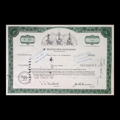 Second New Haven Bank Stock Certificate from 1972