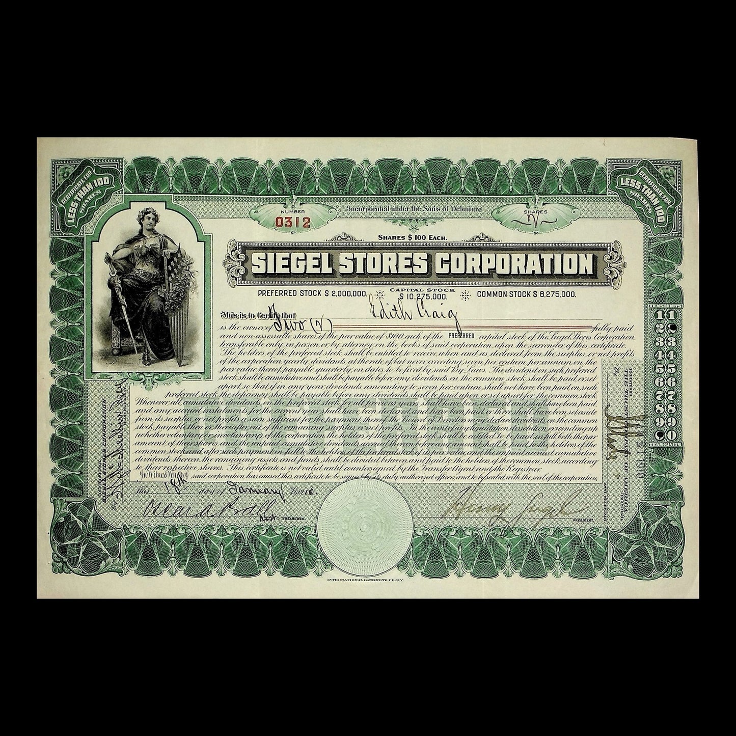 Siegel Stores Corporation Stock Certificate