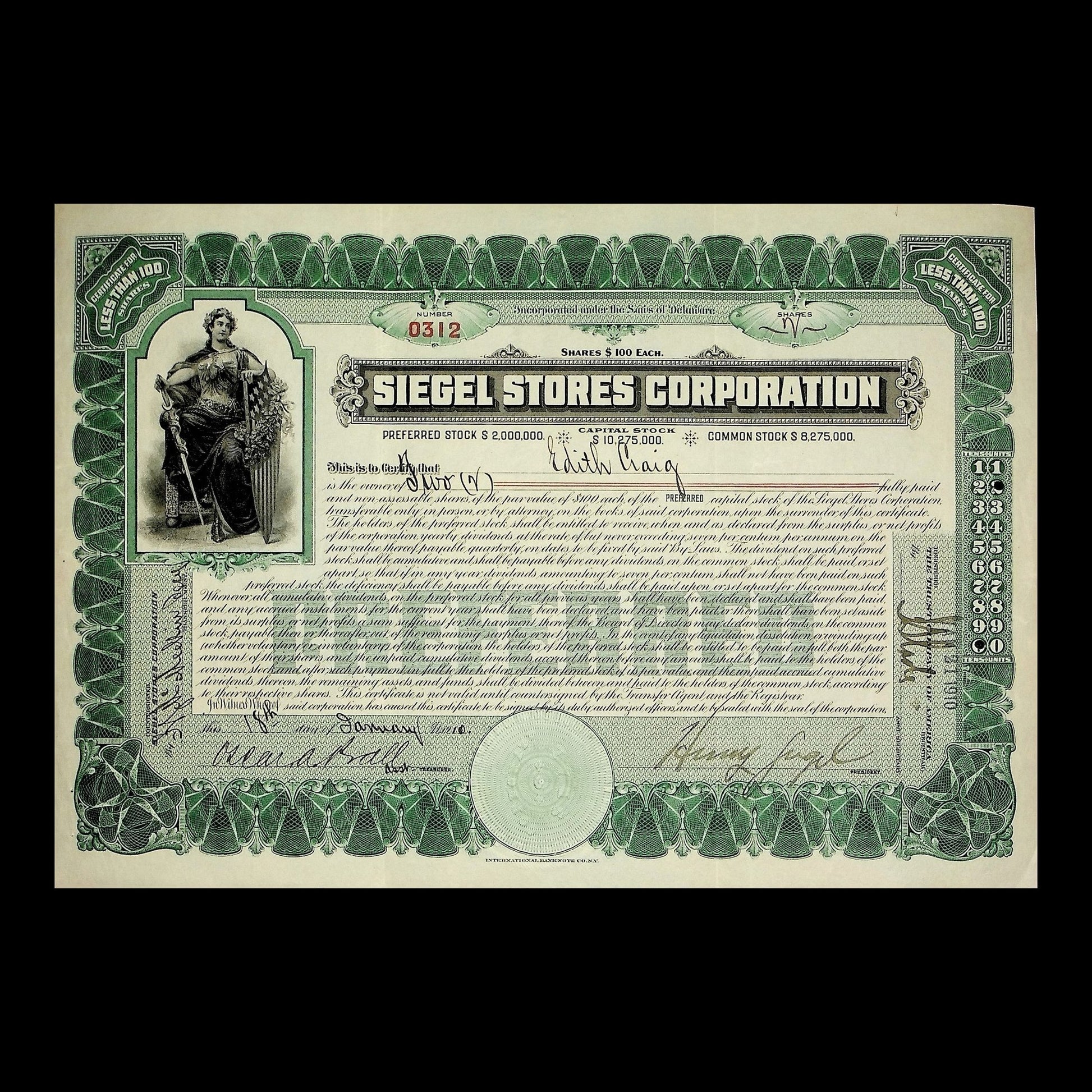 Siegel Stores Corporation Stock Certificate