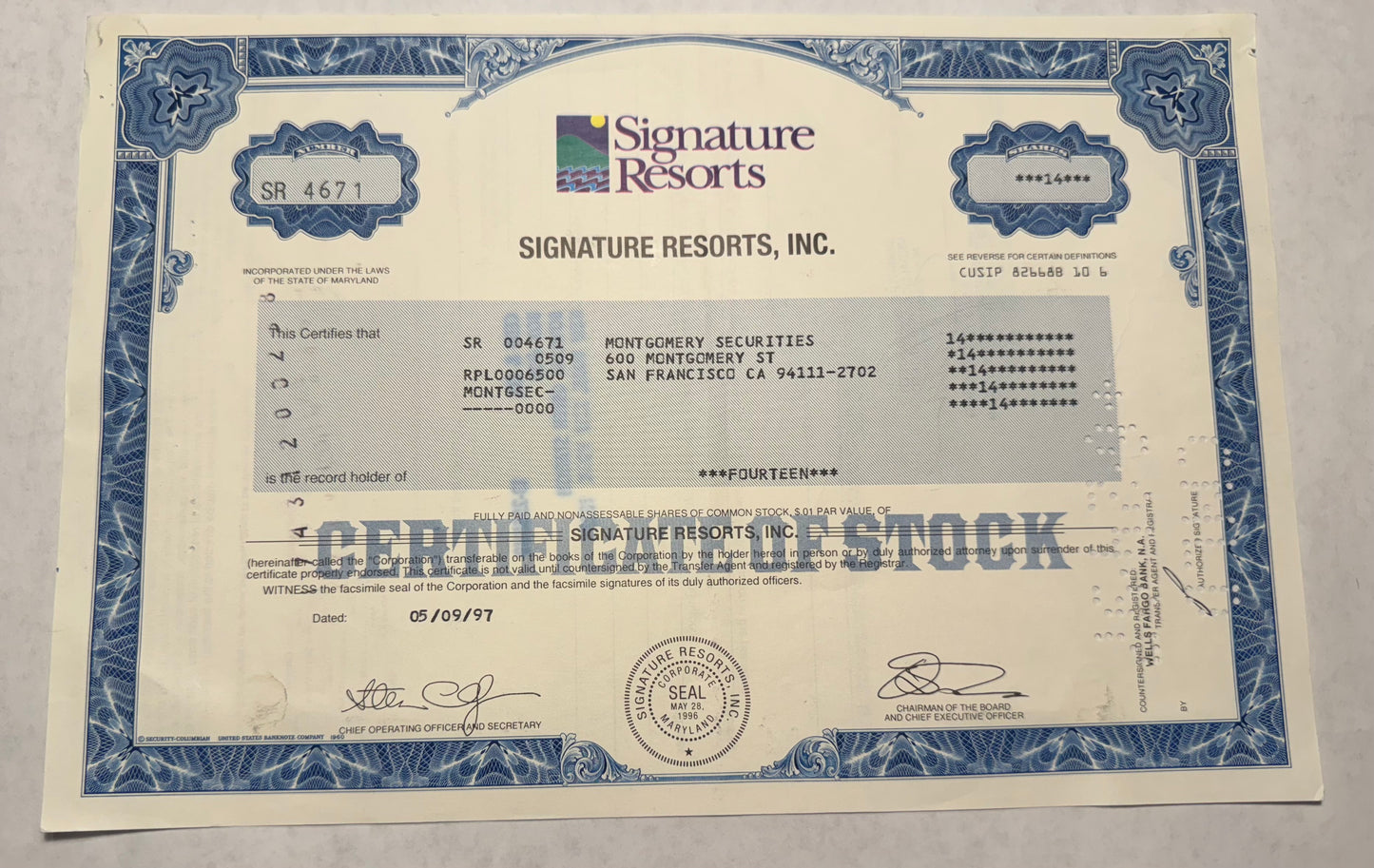 stock certificate from Signature Resorts, Inc., issued in 1997