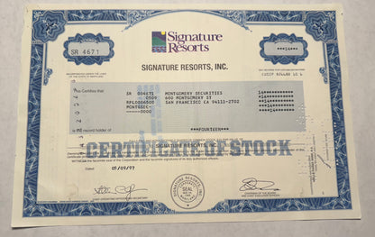 stock certificate from Signature Resorts, Inc., issued in 1997