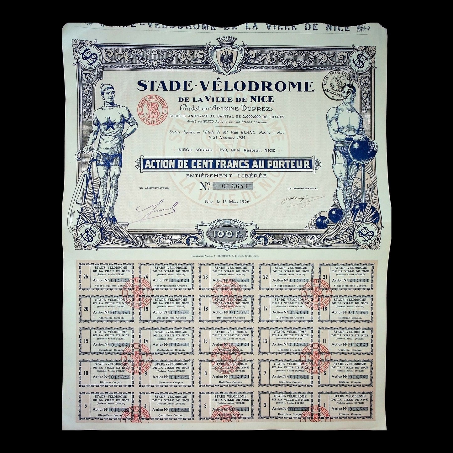 Stade-Vélodrome de la Ville de Nice Stock Certificate from 1926
