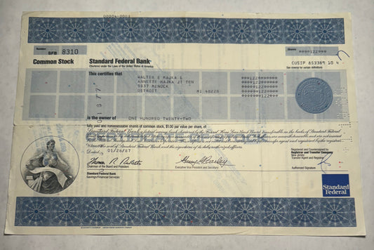 blue stock certificate from Standard Federal Bank, Inc.