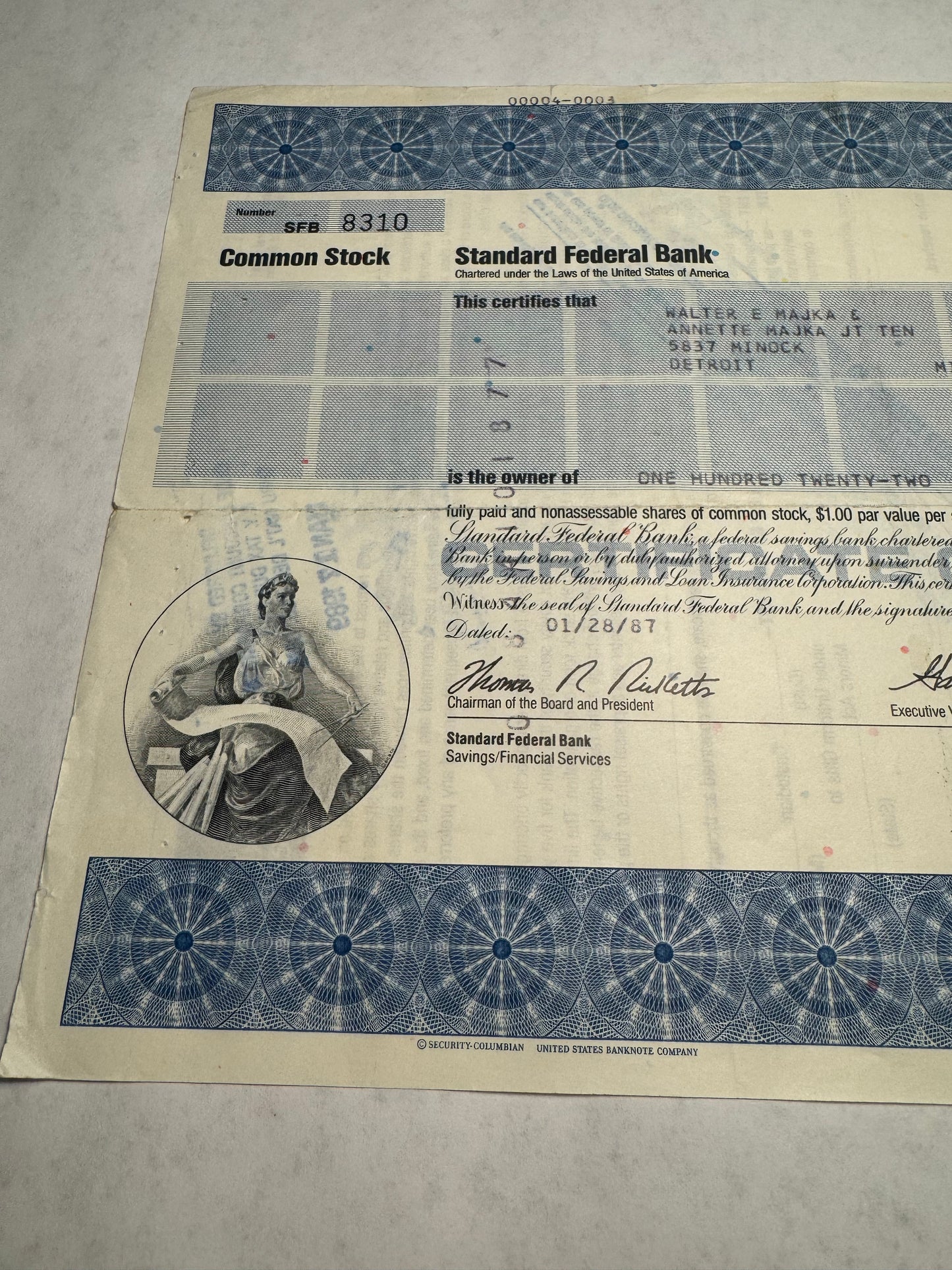 Standard Federal Bank (now LaSalle), Inc Stock Certificate