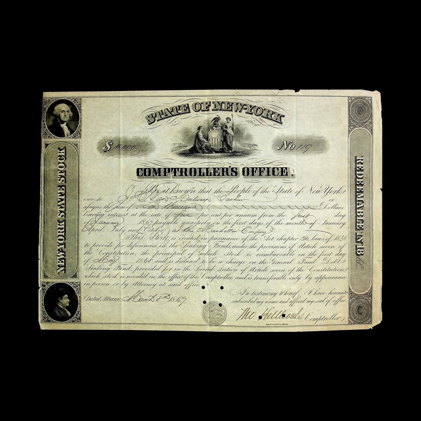 State of New York Stock Certificate from 1867