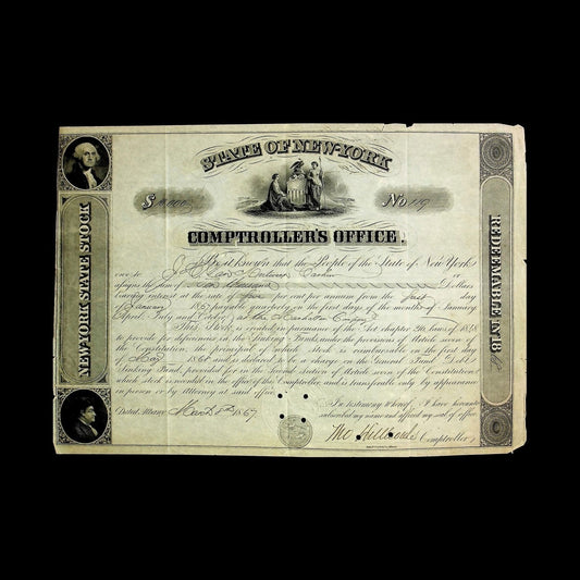 State of New York Stock Certificate from 1867