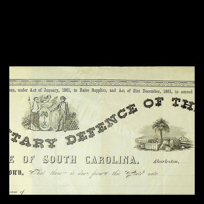 Aged 1861 South Carolina Military Defence Bond with ornate arched lettering and historic vignettes on cream paper.