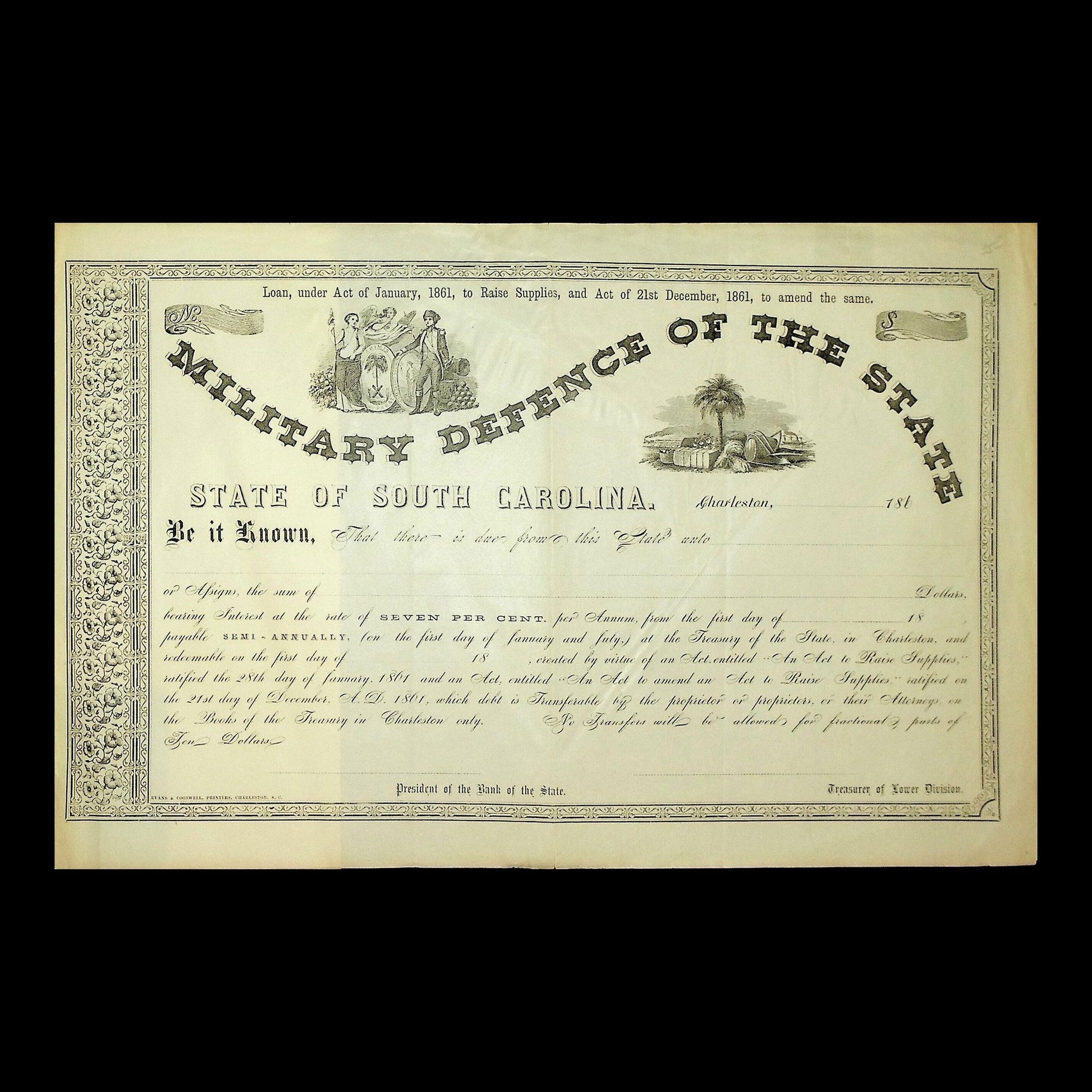 1861 South Carolina Military Defence Bond on aged paper with ornate borders and a central palmetto tree vignette.