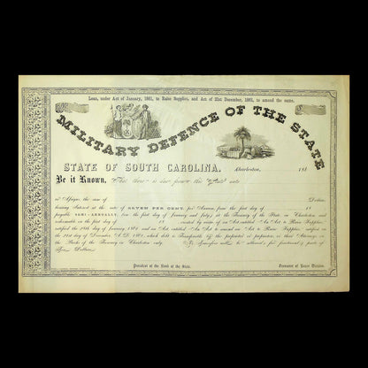 1861 South Carolina Military Defence Bond on aged paper with ornate borders and a central palmetto tree vignette.