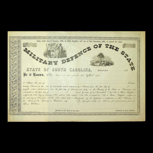 South Carolina Military Defence Bond from Civil War Era