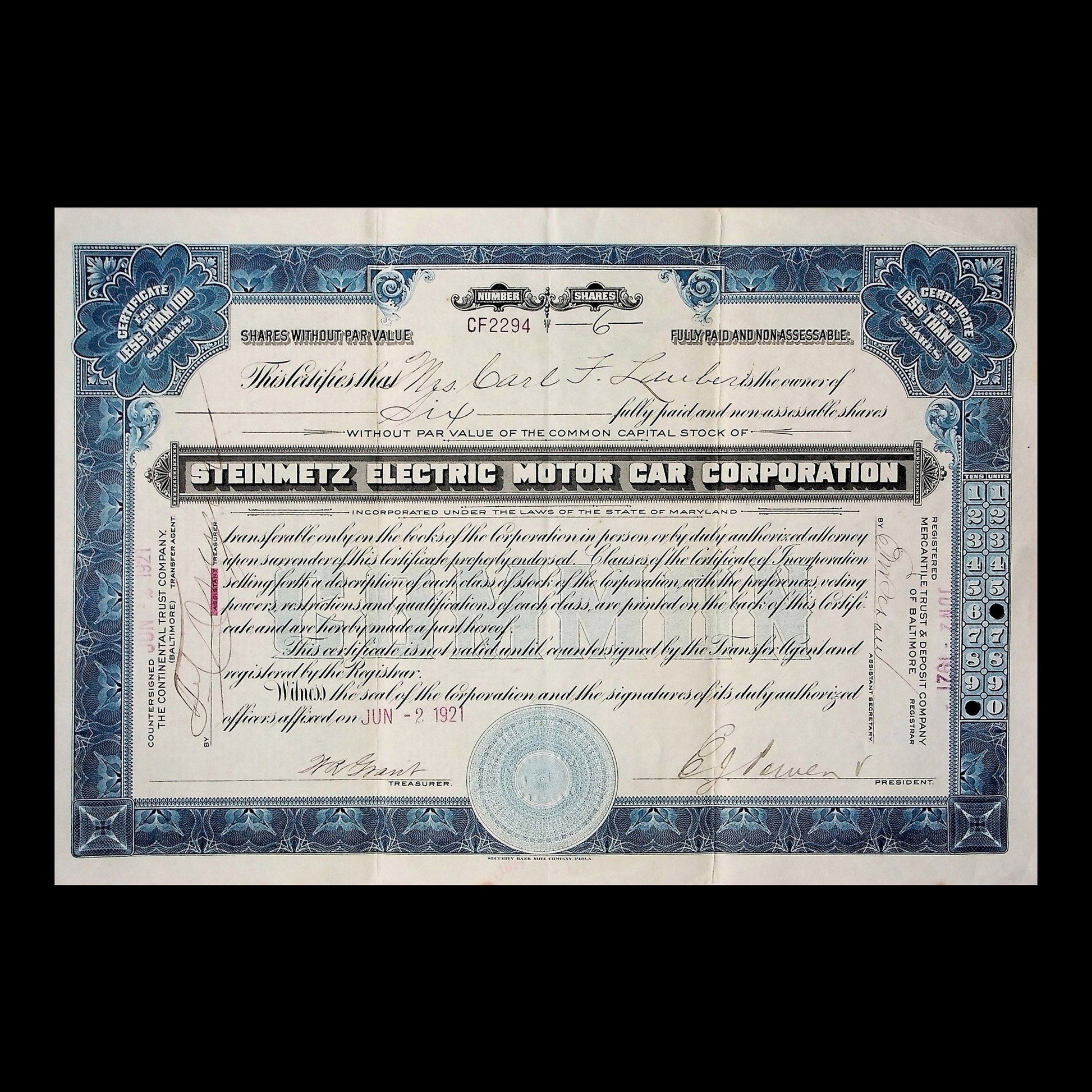 Steinmetz Electric Motor Car Corporation Stock Certificate from 1921
