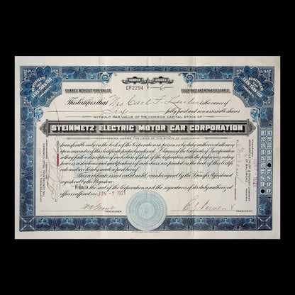 Steinmetz Electric Motor Car Corporation Stock Certificate from 1921