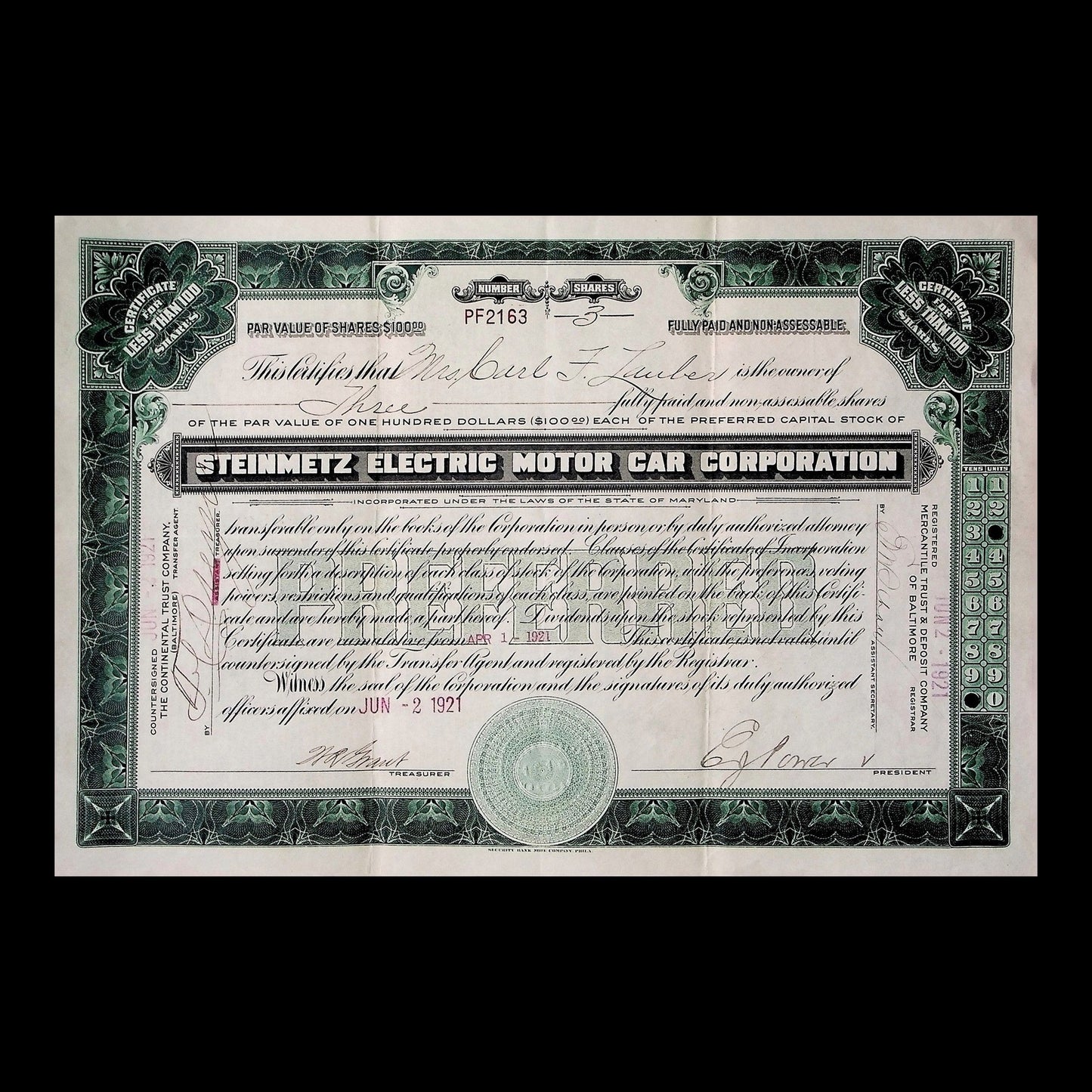 Steinmetz Electric Motor Car Corporation Stock Certificate from 1921