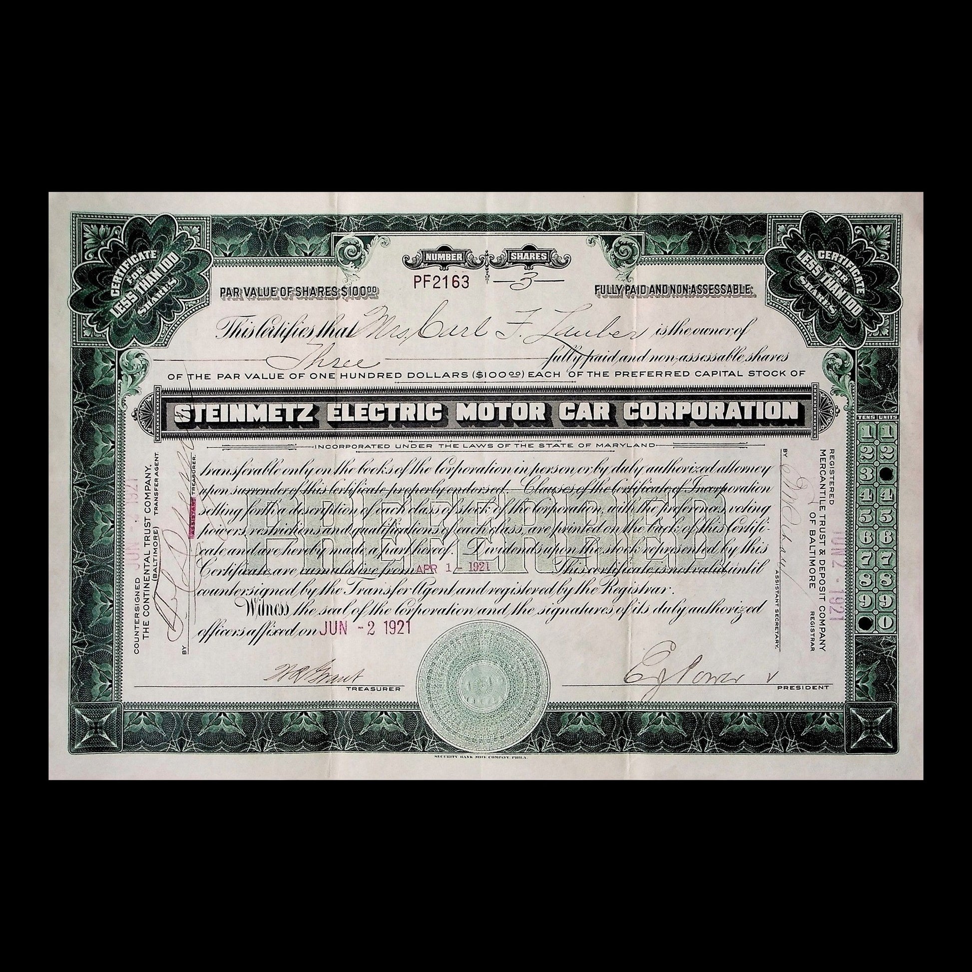 Steinmetz Electric Motor Car Corporation Stock Certificate from 1921